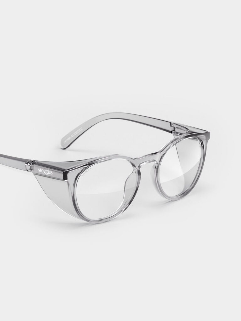 Stoggles Round Charcoal safety glasses with integrated side and top shields, side view