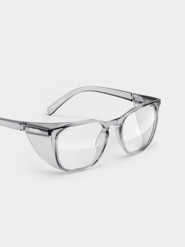 Stoggles Square Charcoal safety glasses with integrated side and top shields, side view